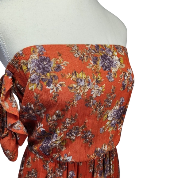 American Eagle Outfitters Orange Floral Mini Dress Off Shoulder XS Boho Pockets - Picture 8 of 14